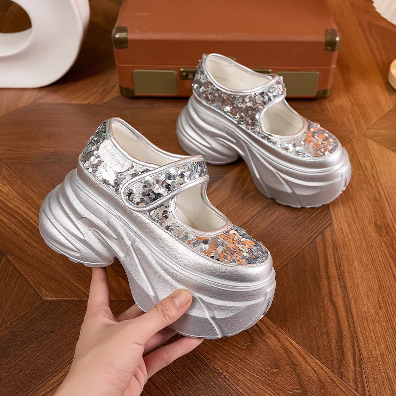 Manufacturer AUTUSPIN Summer Shiny Shallow Shoes Women Sequined Cloth Pumps High Heels Ladies Bling Bling Platform Mary Janes Shoes Woman Pumps