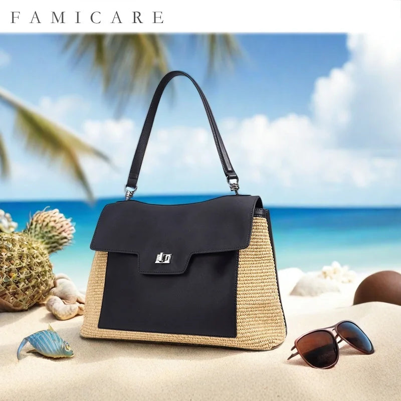 Summer Women's Raffia Woven Tote Bag Split Leather Crossbody Straw Messenger Bag Grass Weaving Shoulder Bag for Ladies New