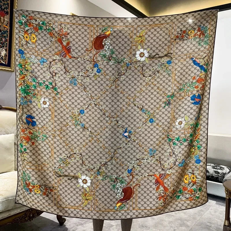 High-end Elegant Women Exquisite Flower and Bird Double Sided Print Quality Silk Wool Hand-rolled Edge Large Square Scarf Shawl
