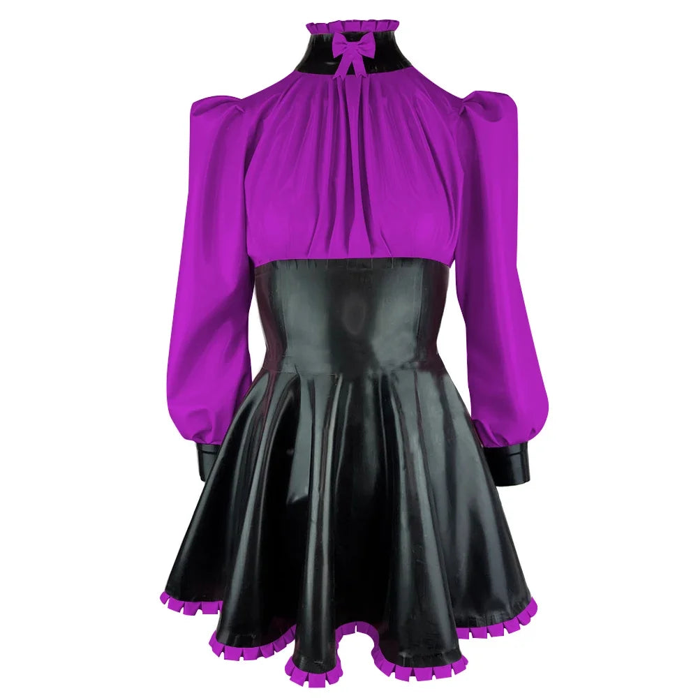 Plus Size High Neck Bow Patchwork Black Faux Latex Mini Dress Women Long Sleeves Slim Fit Ruffled A-line Dress Cocktail Gown