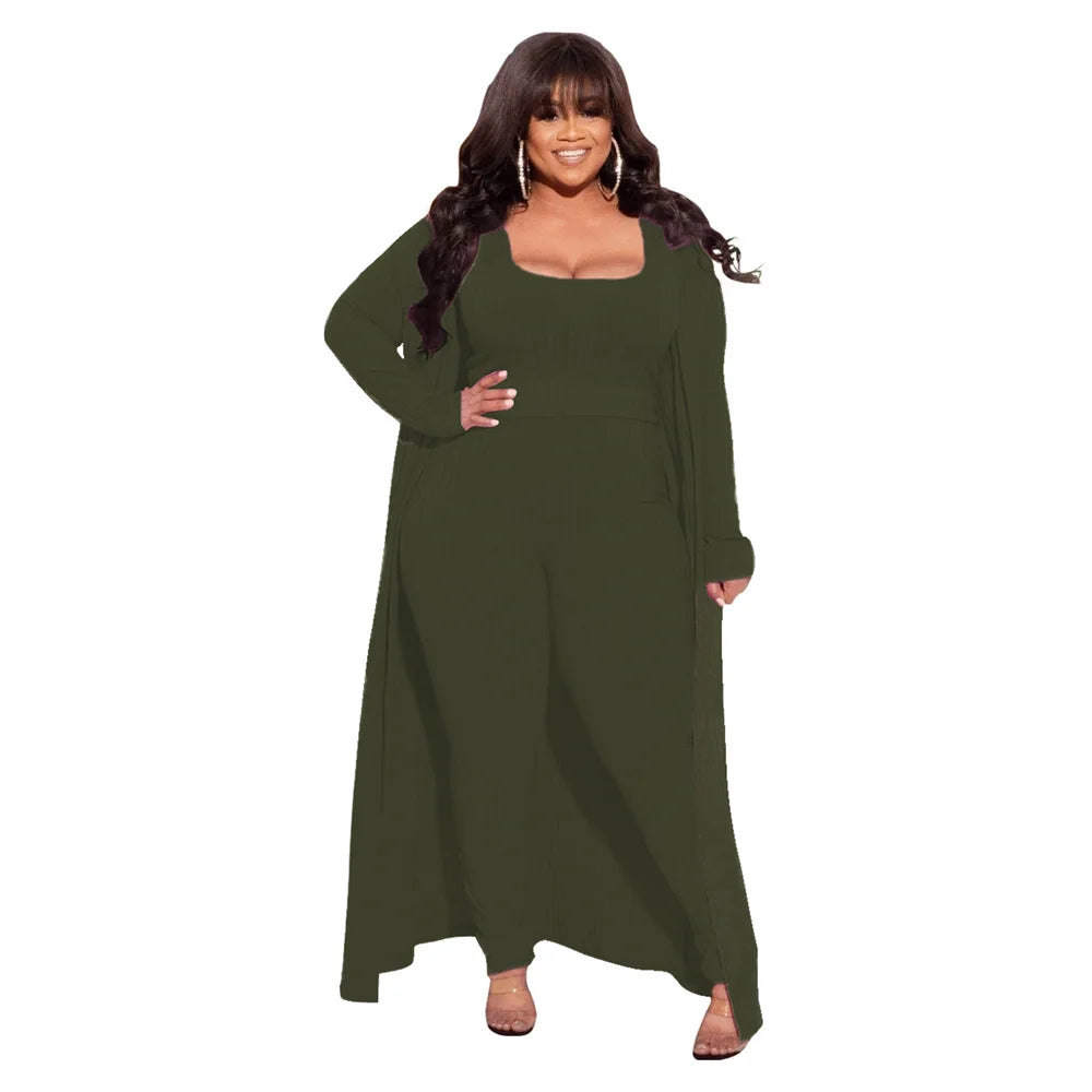 3 Piece Women Outfits Sets Sexy Square Collar Tops+long Coat Tight Pants Solid Color Fashion Plus Size Clothing Wholesale suits