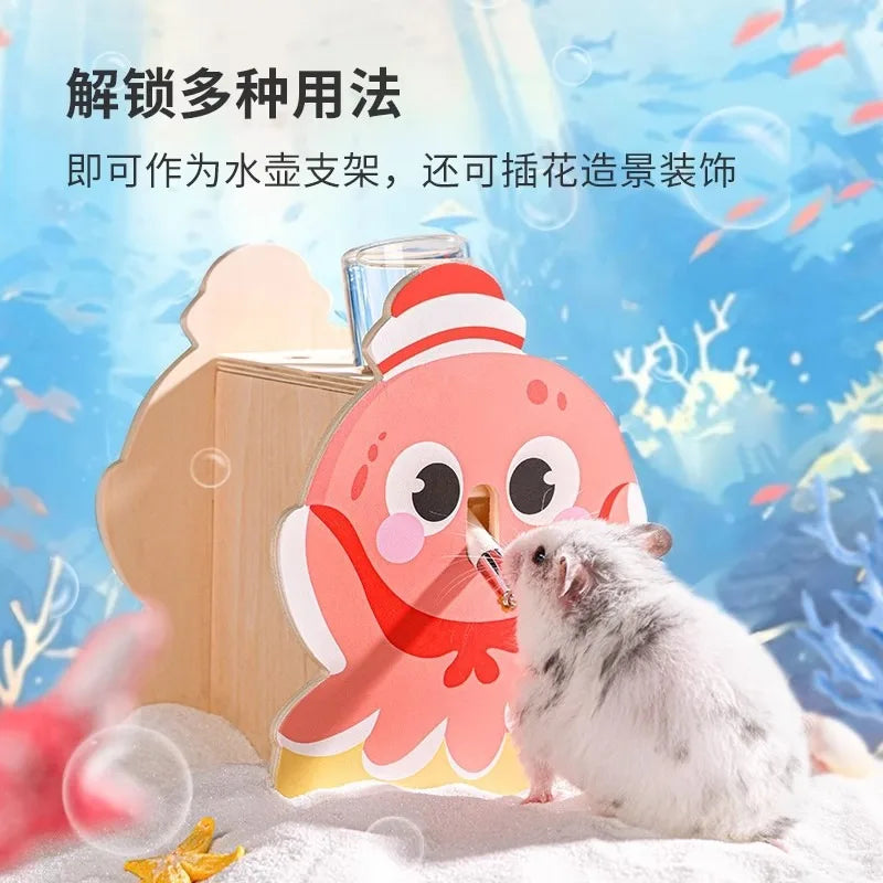 Hamster Wooden Hideout Toy Deep Sea Theme Small Pet Habitat Decor Ocean Style Escape House with Tunnel Platform Cage Accessories