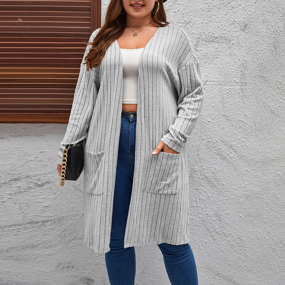 Plus Size Women's Solid Ribbed Long Sleeve Pockets Cardigan Tops Spring Autumn Ladies Casual Coatigan Outwear Size 1XL-5XL coat