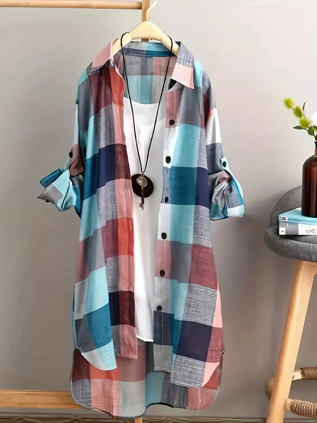 Plus Size 1XL-5XL Women Collar Longline Casual Blouse Lapel Shirt Top Plaid Print Button Up Roll Up Long Sleeve Shirt T-shirts