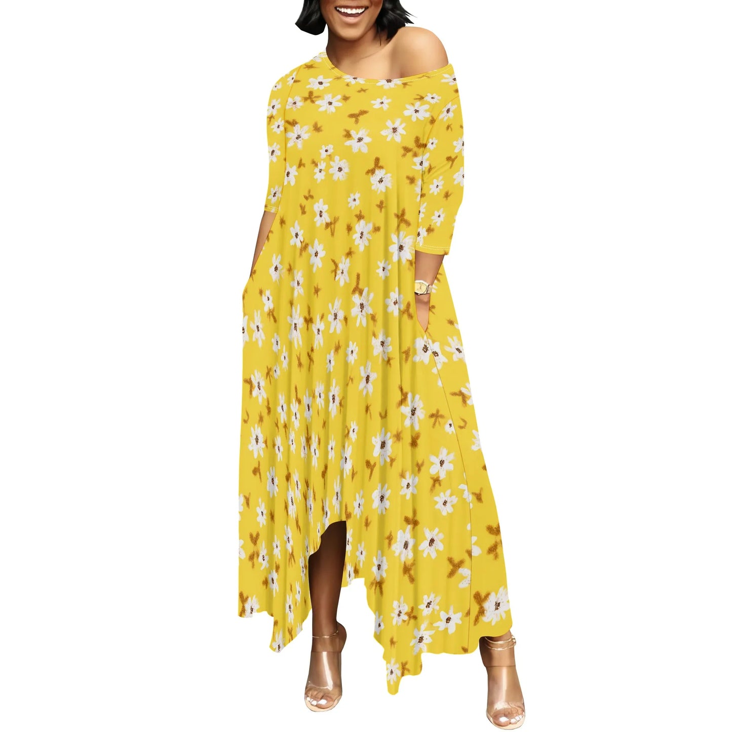 Women One Shoulder Sleeve Printed Dress High Waist Split Party Cocktail Long Dress
