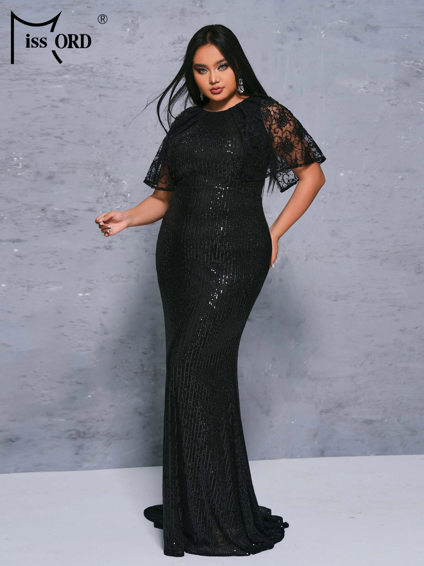Missord Plus Size Black Round Necked Sequin Short Sleeved Mermaid Evening Formal Occasion Dress