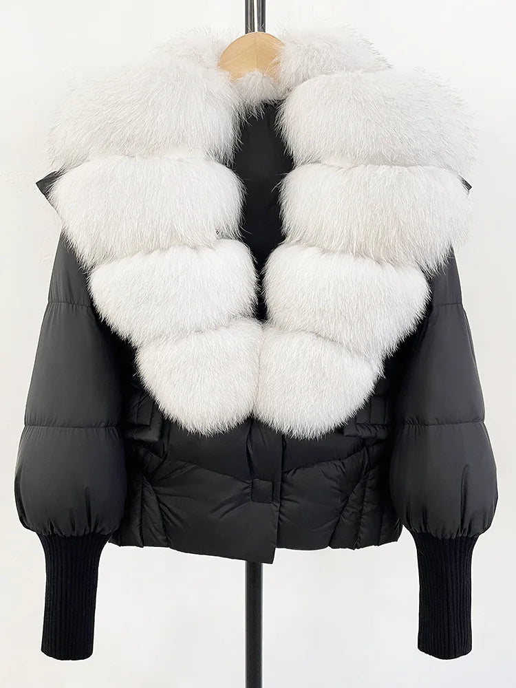 ZMEENNA Women's Black Puffer Down Jacket With Large Real Fur Collar Short Warm Winter Coat Knit Cuffs Elegant Outerwear