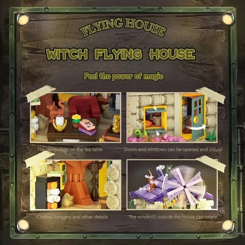 Witch Flying Log Cabin Building Blocks Magic Wooden House Model Ornaments Children’s Educational Assembled Toys Halloween Gifts