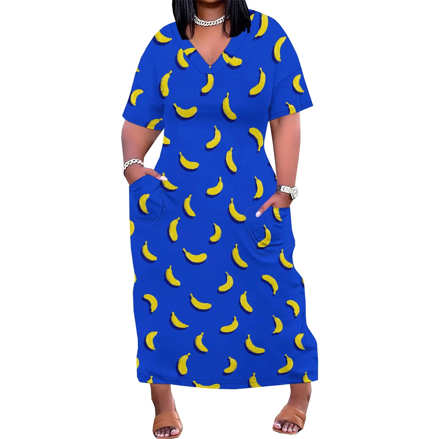 Women's Plus Size African Print Dresses Casual Loose Pocket Short Sleeve Long Maxi Dress