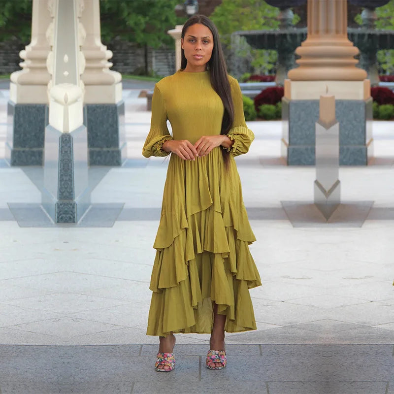Miyake Folds Summer New Lantern Sleeve Dress Solid Color Lotus Edge Long Skirt