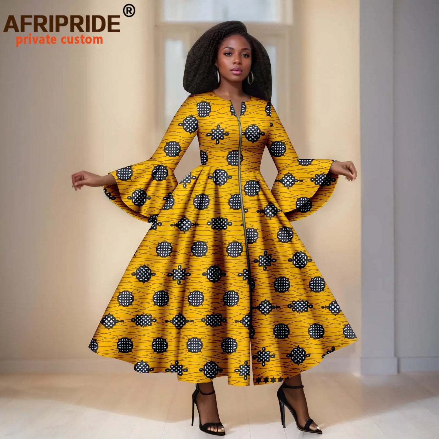 African Print Dresses for Women Flare Sleeve Elegant Zip Maxi Dress Party Attire for Lady Dashiki Long Dress