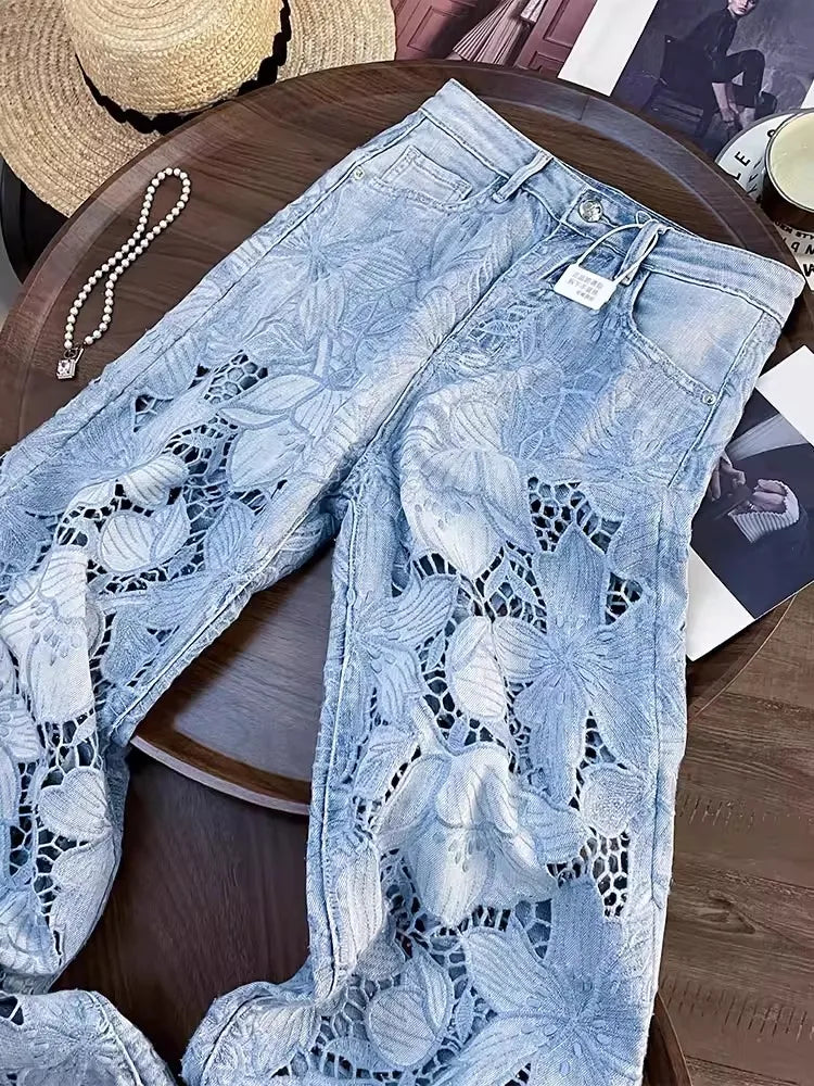 Summer Women Lace Floral Embroidery Wide Leg Denim Pant Spliced Loose Fit High Waist Hollow Out Jeans Streetwear Long Trousers