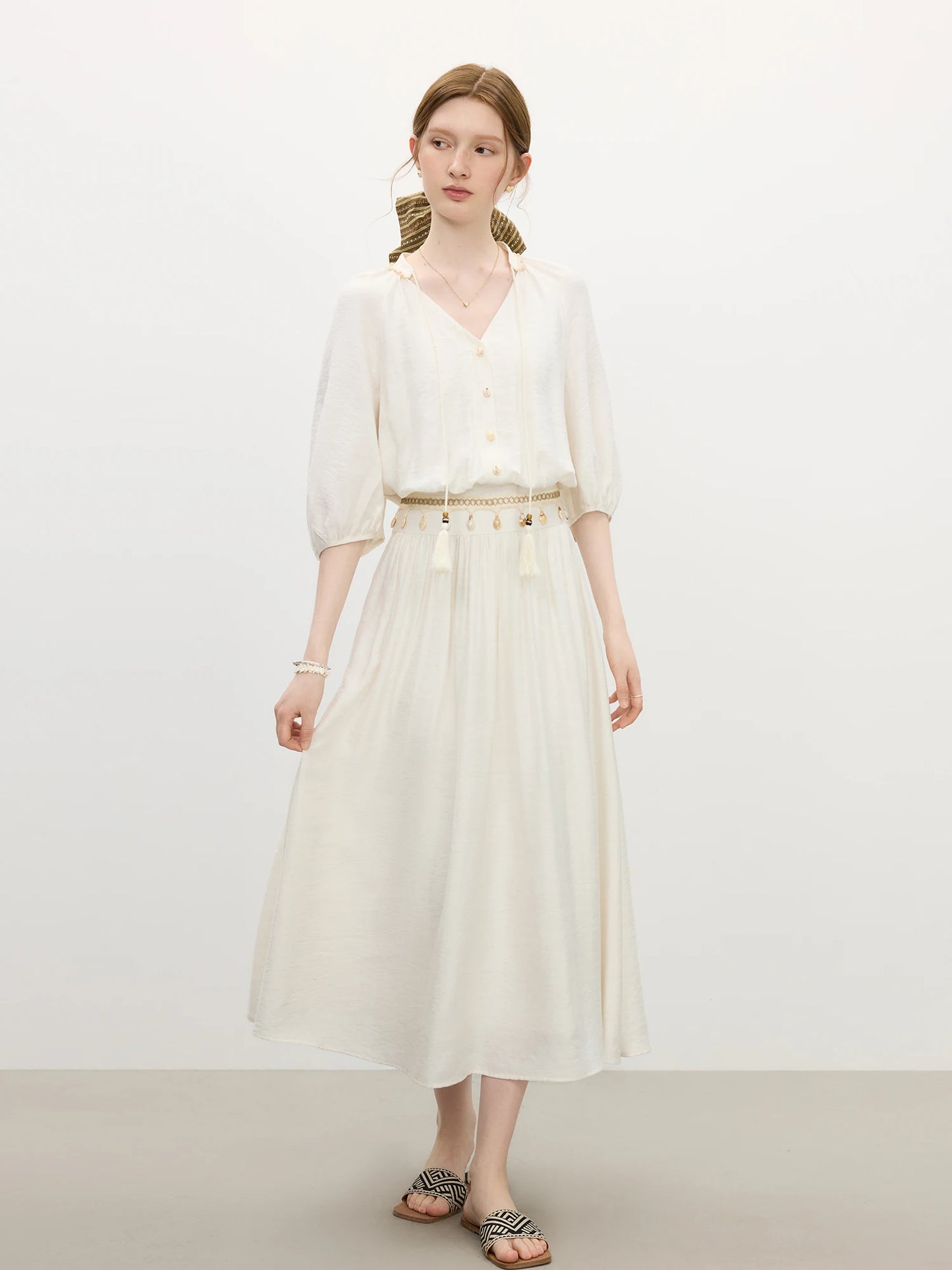 FSLE High Waist Dress for Women Summer New Arrival Lantern Sleeves V-neck Strappy Holiday Long Romantic Dress