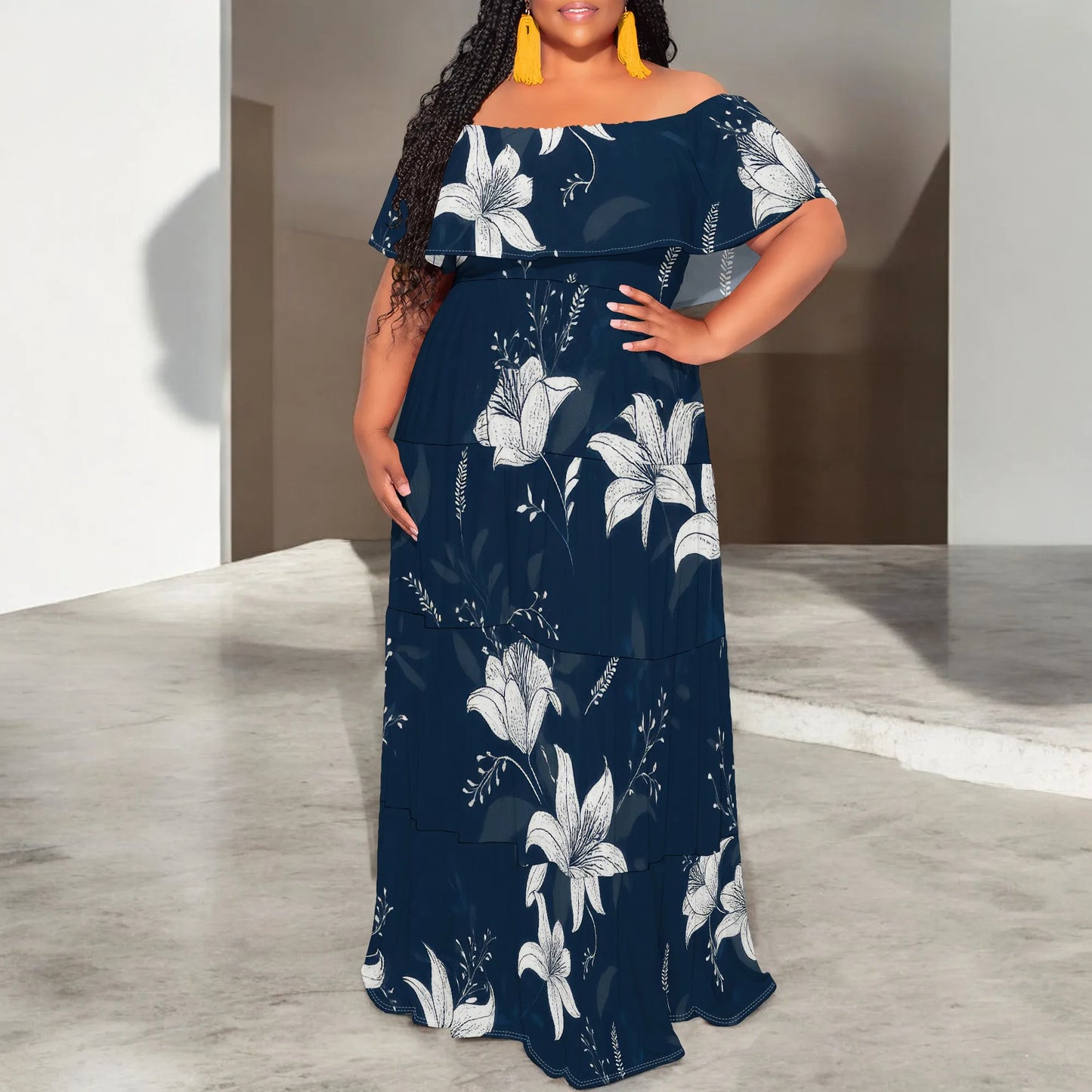 Womens Off The Shoulder Dress Summer Casual Long Ruffle Party Side Split Beach Maxi Dresses with Pockets