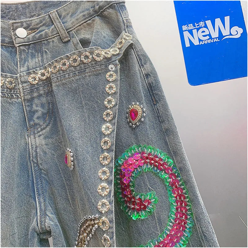WHITNEY WANG Designer Style Autumn Winter Fashion Streetwear Sequins Diamonds Wide Leg Jeans Women Denim Pant Size S-5XL
