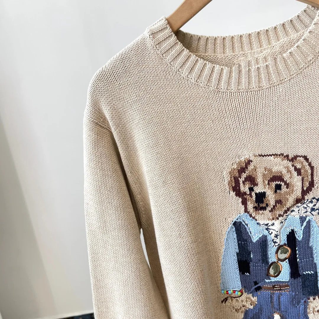 New classic denim jacket, sunglasses, teddy bear embroidery, pure cotton loose and versatile knitted women's pullover sweater