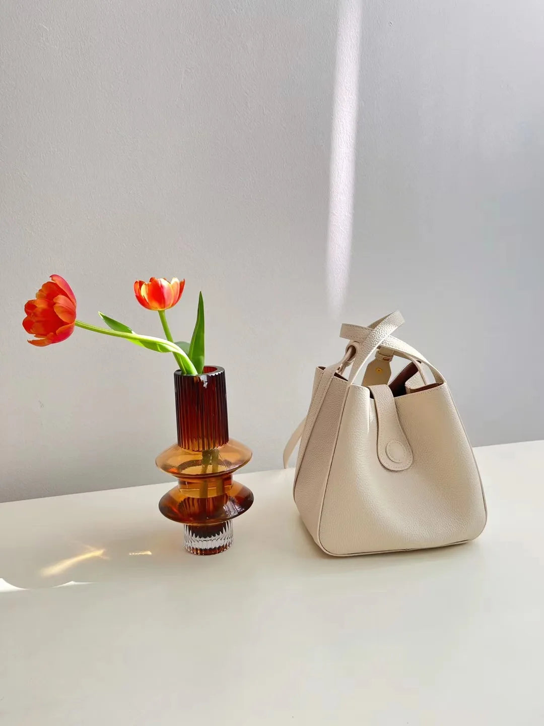 Japanese and Korean Style All-match Coffee Small Daily-use Bucket Tote Genuine Cow Leather Women Handbag Female Crossbody Bag