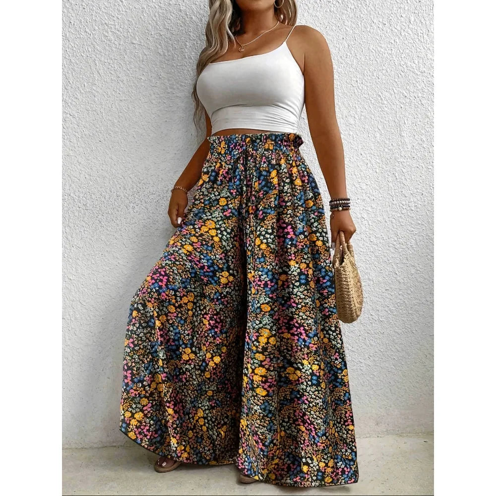 Plus Size 1XL-5XL Women Fashion Floral Print Wide Leg Pants Female Casual Elegant Drawstring High Waisted Loose Long Trousers dress