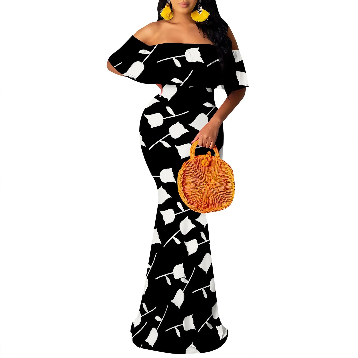 Women's Maxi Bodycon Off The Shoulder Dress Short Ruffle Sleeves Strapless Long Boho Dress Cocktail Party Wedding Dress