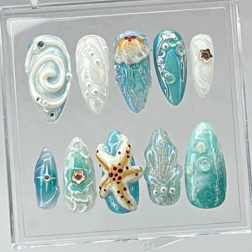 10Pcs Handmade Manicure Medium Almond Fake Nails New 3D Starfish Limited Nails Press On Nails Design with Adhesive Nail File Set