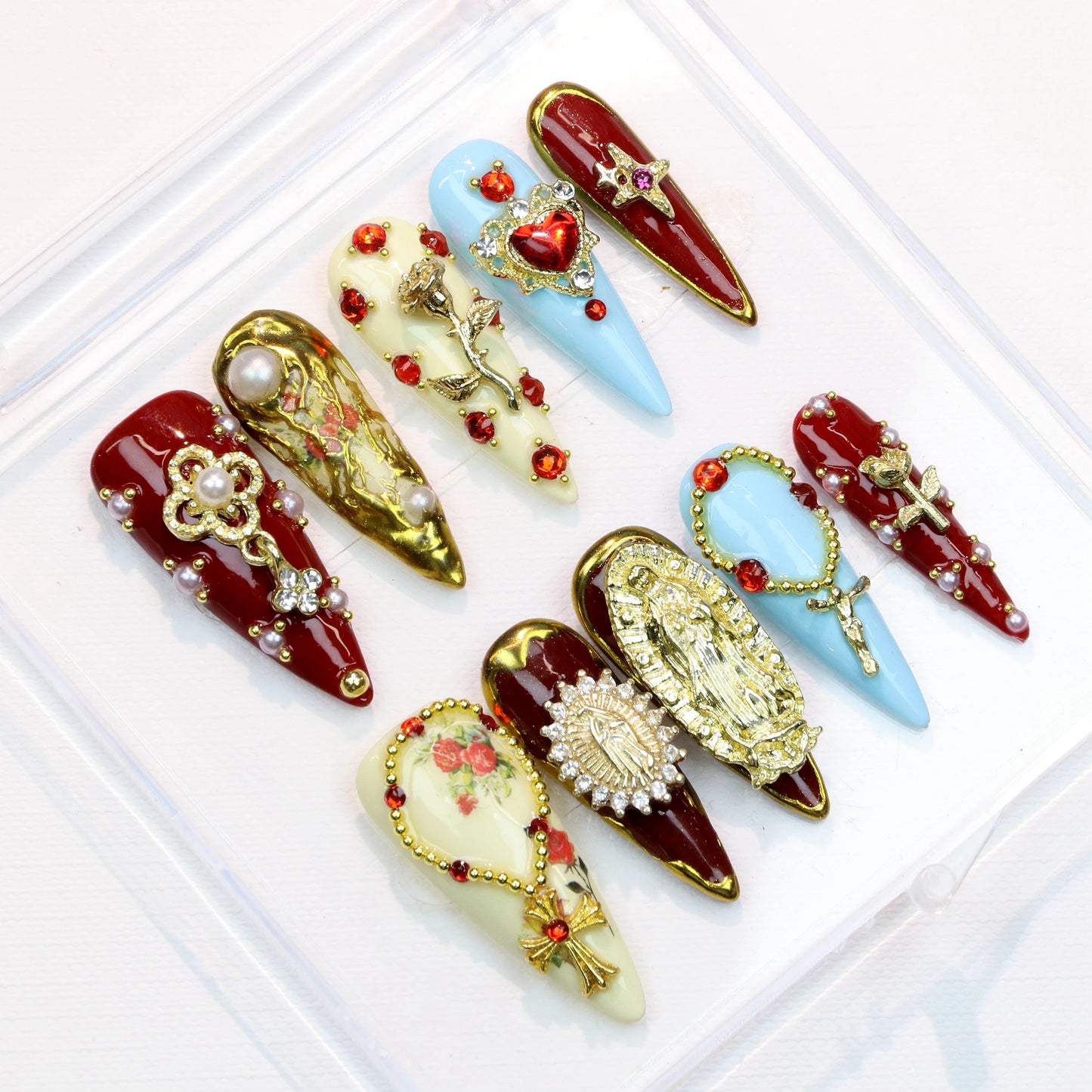 10Pcs Elegant Virgin Mary Cross Press On Nails Custom Handpainted Almond Nail,luxury Design Nail Art for Birthday Holiday Gift