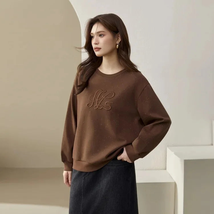 Elegant Embroidered Plus Size Slimming Sweatshirt For Women Sensible Design Age-Reducing Crewe Neck Autumn Collection New Arriva sweater