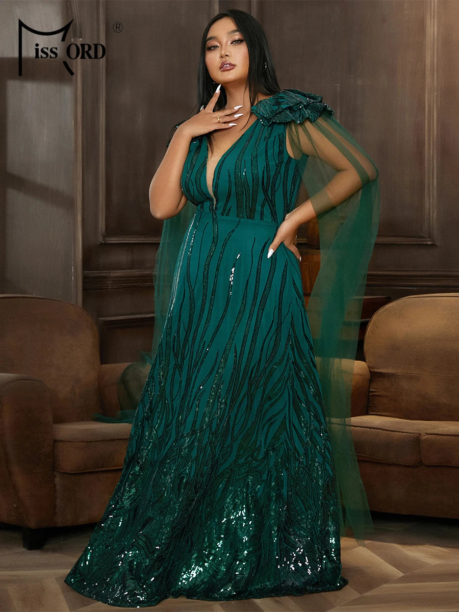 Missord Plus Size V Neck Sequin Mesh Floor Length Evening Dress 4XL Festival Banquet Party Big Size Drees
