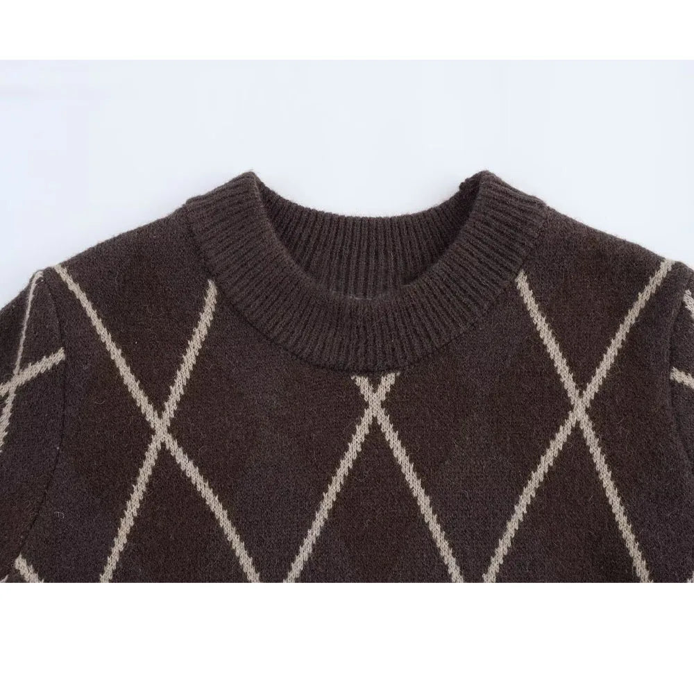 Spring Diamond stripe design lapel Pocket design Casual Chic Cashmere Sweater Winter Comfort knitwear Female Long Sleeve