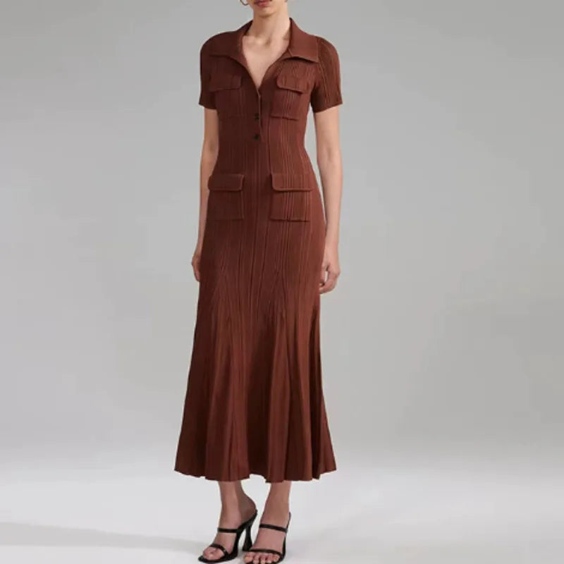 EACA Autumn/Winter New Style Flip Collar Pit Stripe Elastic Waist Slimming Short Sleeve Long Dress Women's Solid Color