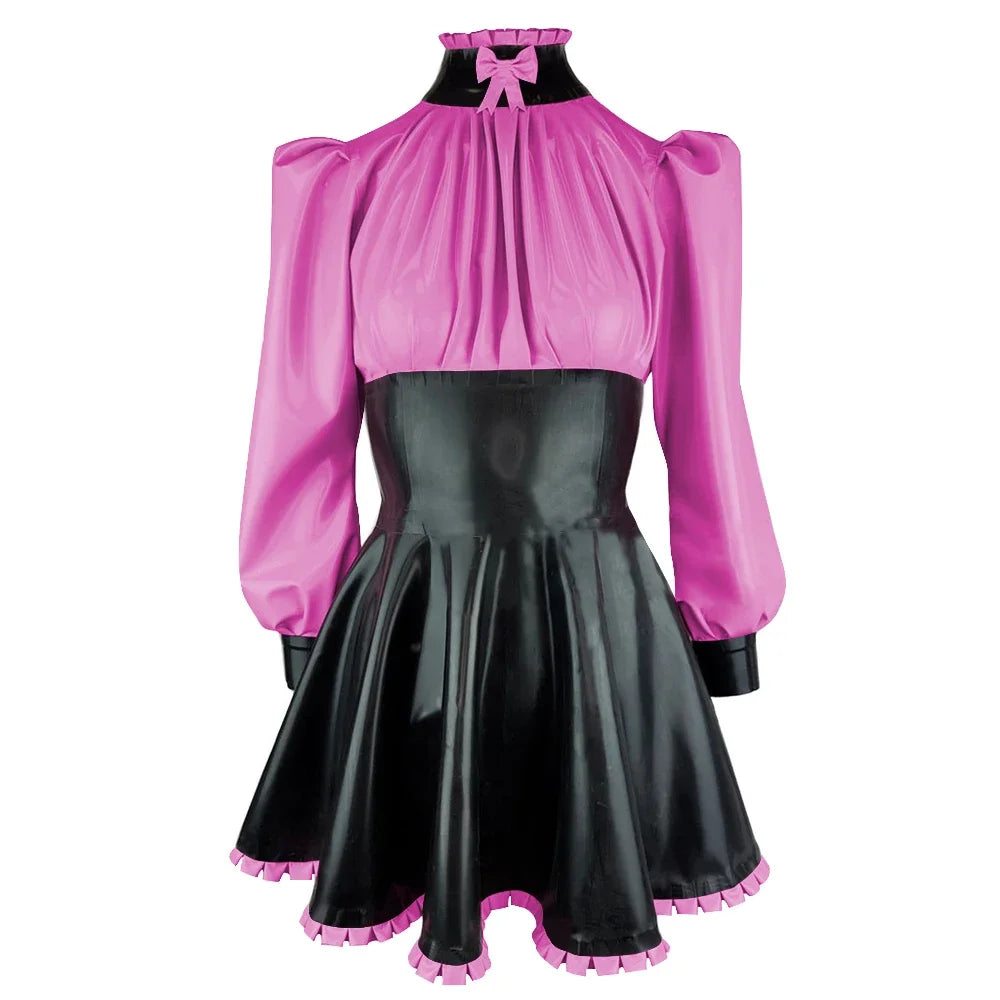 Plus Size High Neck Bow Patchwork Black Faux Latex Mini Dress Women Long Sleeves Slim Fit Ruffled A-line Dress Cocktail Gown