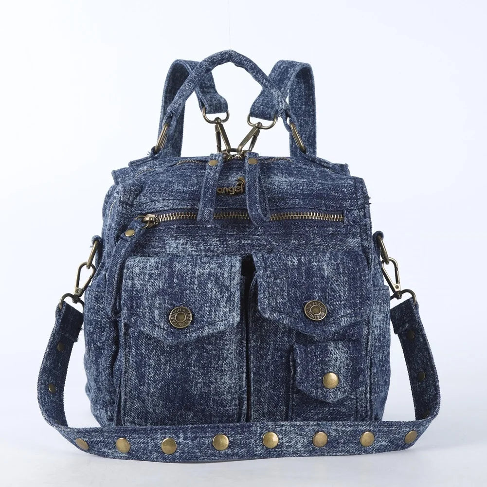 Denim Bag Women Small Backpack Satchel Top-handle Handbag PU Shoulder Bag Dumpling Fashion Multi-pockets Backpack