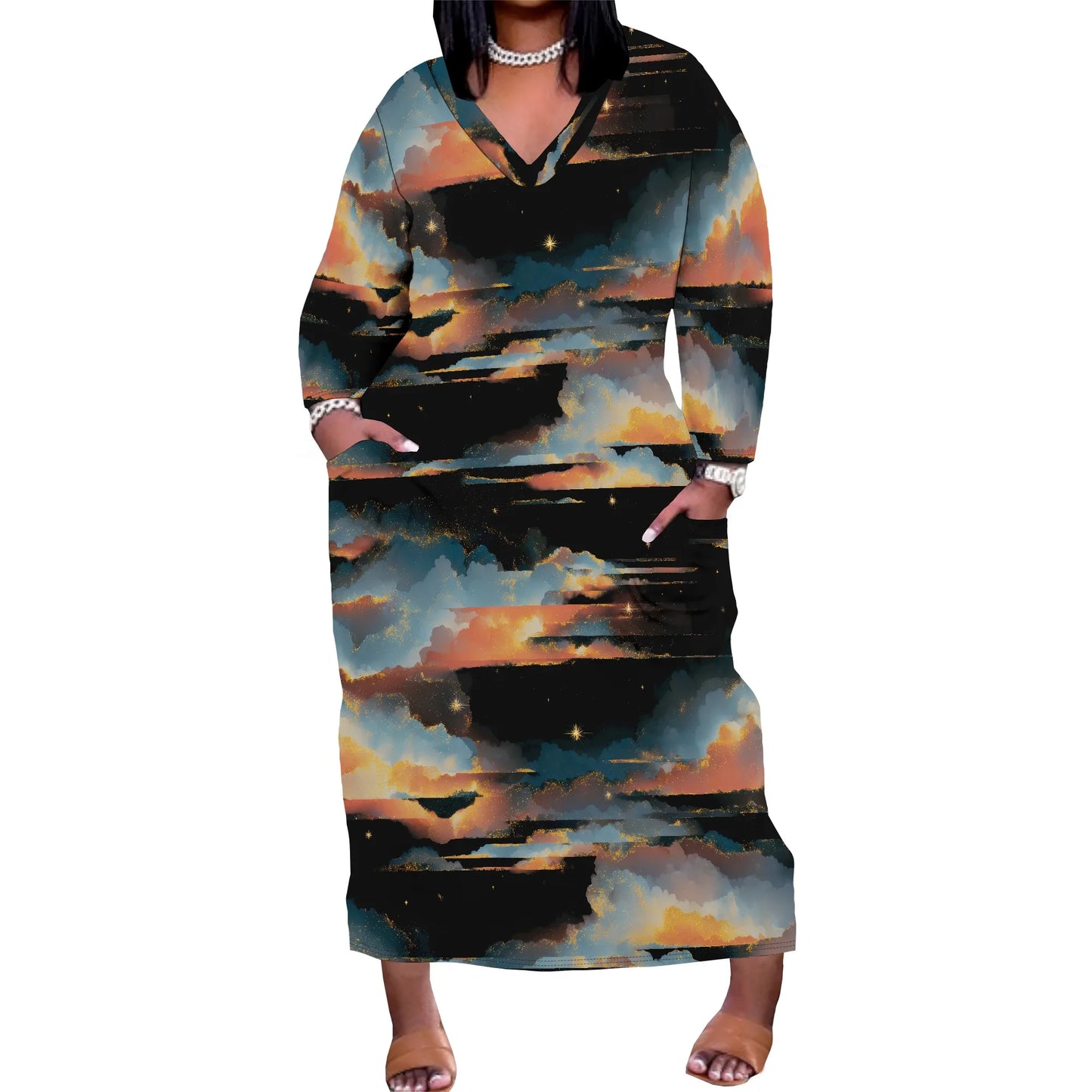 Oversized Baggy Summer Womens Print Dresses Sexy Casual T-Shirt V Neck Long Sleeve Maxi Dress with Pocket