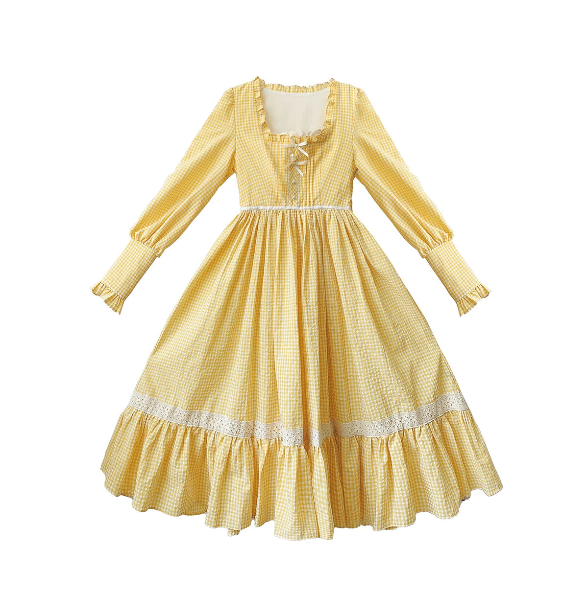 French Elegant Retro Pastoral Sweet Lolita Ruffles Square Neck Bow Long Sleeve High Waist A-line Plaid Long Dress Women Spring