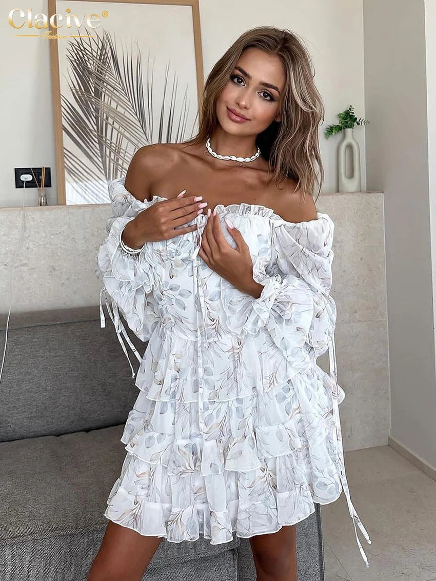 Clacive Fashion Slim Print Women's Dress Bodycon Square Collar Long Sleeve Mini Dresses Elegant High Waist Pleated Female Dress