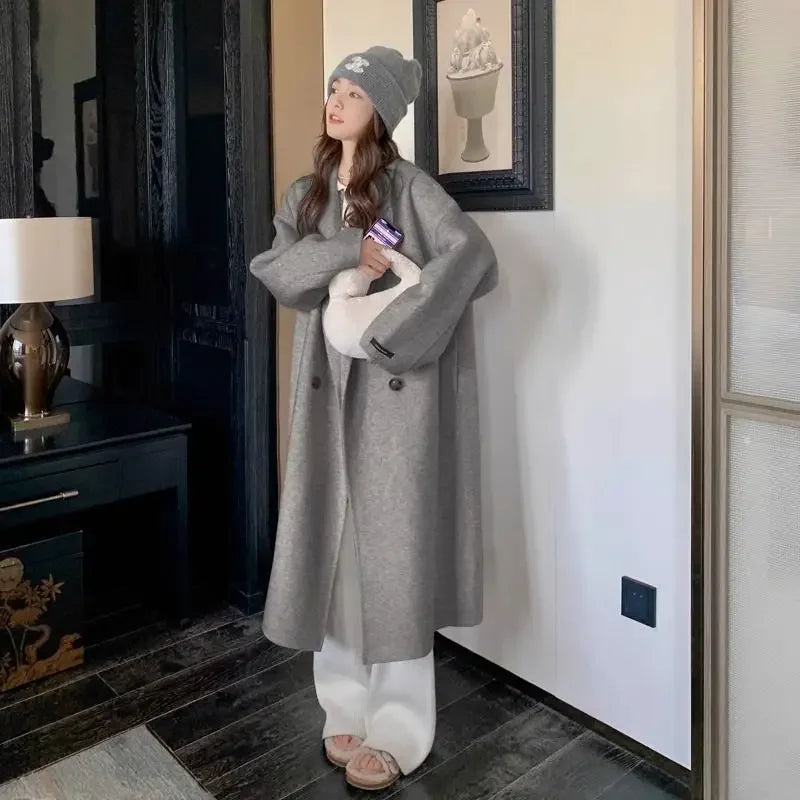 Plus Size Elegant Woolen Coat Women's Autumn Winter Knee-Length Overcoat Korean Style Hepburn Medium Length Outerwear for Women