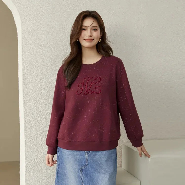 Elegant Embroidered Plus Size Slimming Sweatshirt For Women Sensible Design Age-Reducing Crewe Neck Autumn Collection New Arriva sweater