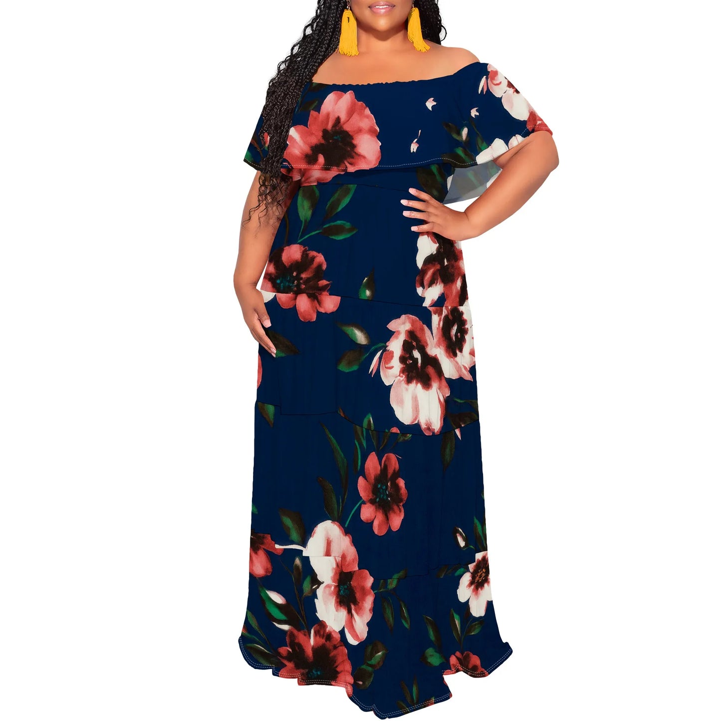 Womens Off The Shoulder Dress Summer Casual Long Ruffle Party Side Split Beach Maxi Dresses with Pockets