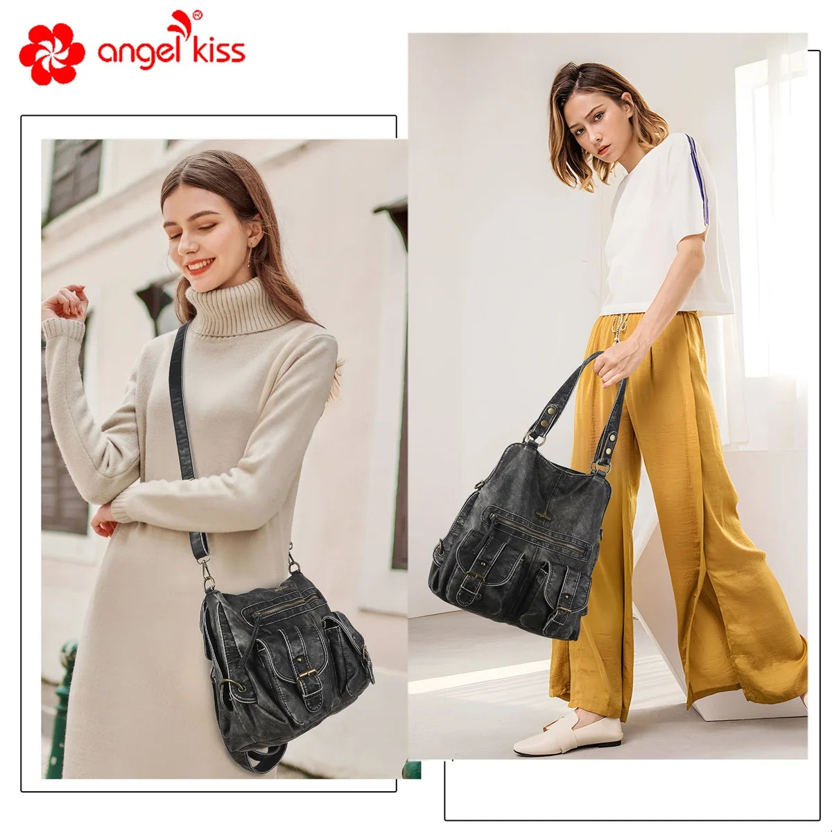 Denim Bag Women Small Backpack Satchel Top-handle Handbag PU Shoulder Bag Dumpling Fashion Multi-pockets Backpack