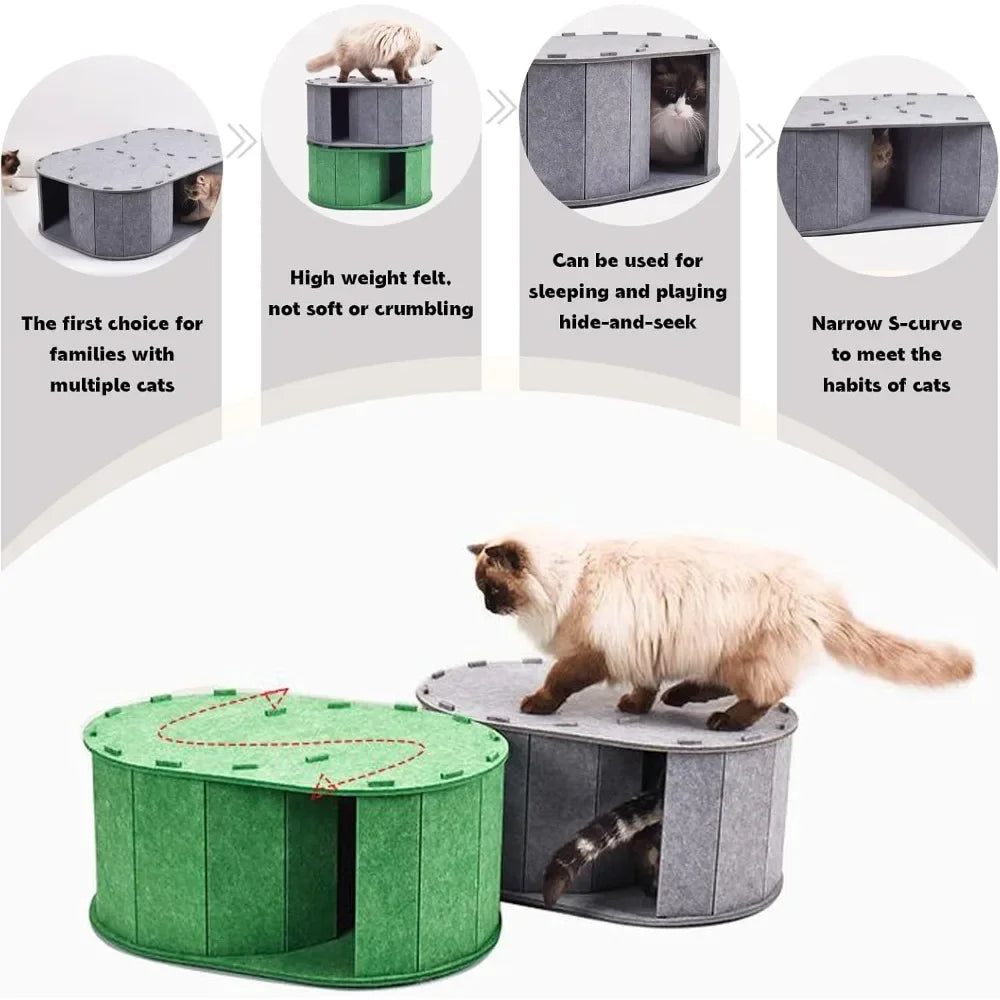 Cat Tunnel Bed for Indoor Cats - Peekaboo Cat Cave with S-Shaped Maze, Multi-Exit Felt Scratching Tunnel & Cozy Hideaway, cat toy