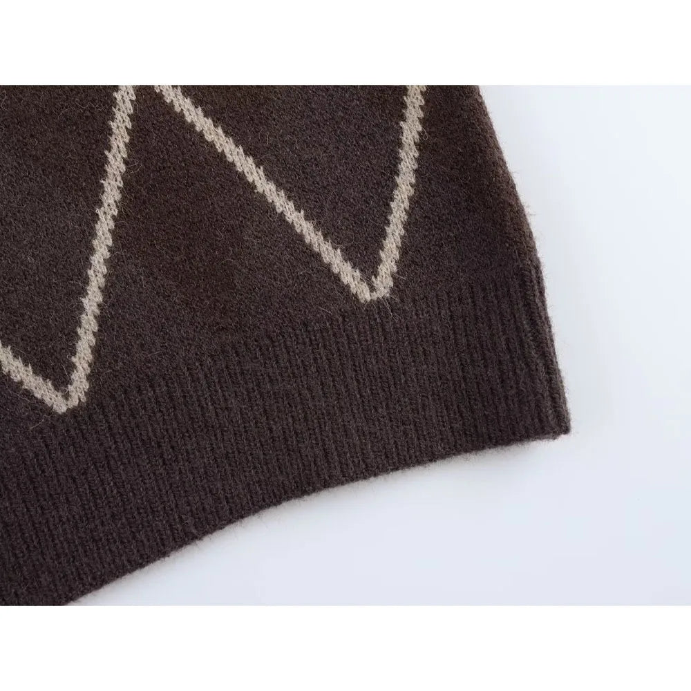 Spring Diamond stripe design lapel Pocket design Casual Chic Cashmere Sweater Winter Comfort knitwear Female Long Sleeve