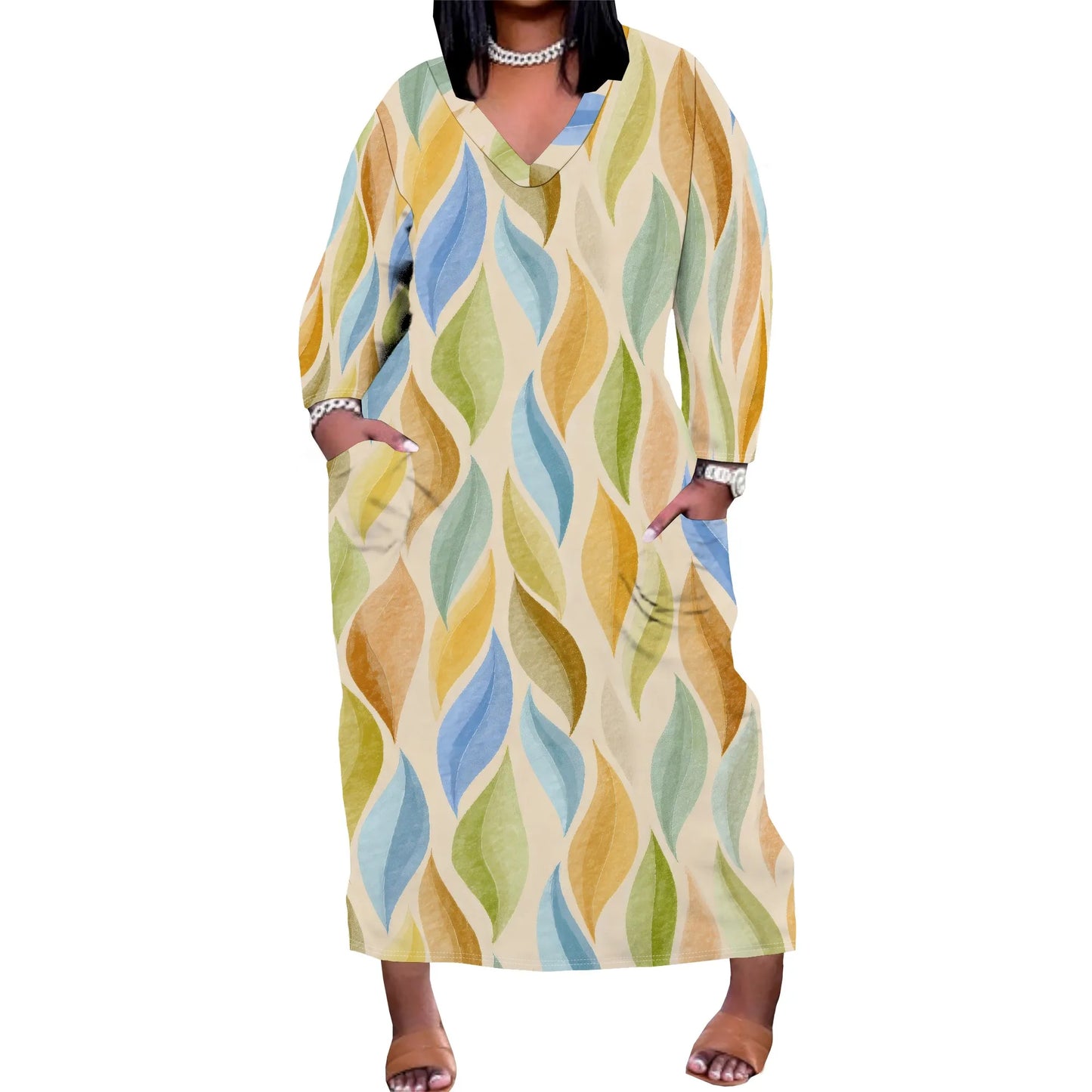 Oversized Baggy Summer Womens Print Dresses Sexy Casual T-Shirt V Neck Long Sleeve Maxi Dress with Pocket