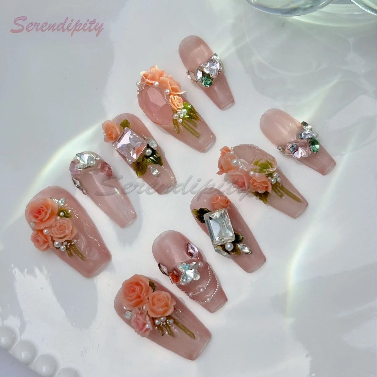 10Pcs Solid Color Press On Nails Pure Handmade Pink Stereoscopic Bouquet Fals Nail Art Big Rhinestones Removable Wear Fake Nails