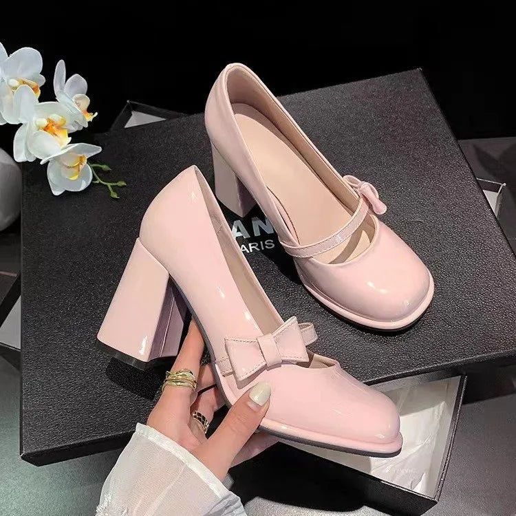 Manufacturer New pink pointed-toe high-heeled shoes Women's spring sweet and fashionable bow-shaped open-toe thick-soled Mary Jane shoes Pumps