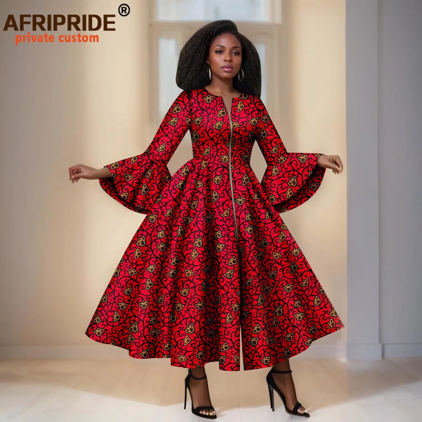 African Print Dresses for Women Flare Sleeve Elegant Zip Maxi Dress Party Attire for Lady Dashiki Long Dress