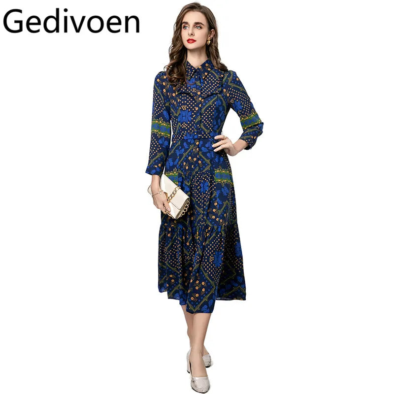 Gedivoen Fashion design Women's Summer Dress Turn-Down Collar Single-Breasted Chic Print Dresses With Long Sleeves