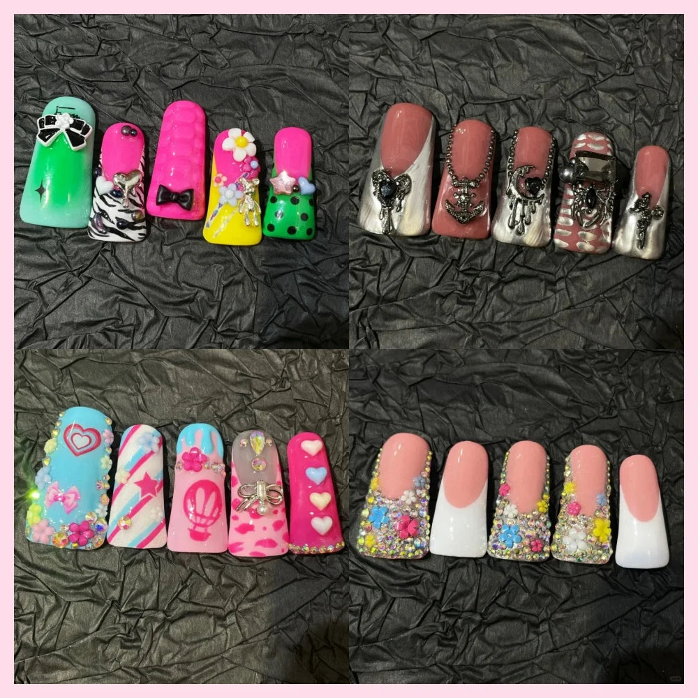 10 Pcs Handmade Manicure Medium Duck Fake Nails Cute French Nails Press On False Nails 3D Art Design with Adhesive Nail File Set