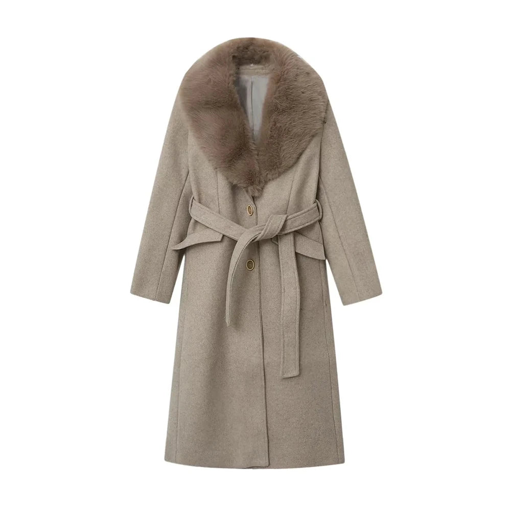 TWOTWINSTYLE Basics Patchwork Lace Up Coats for Women Lapel Spliced Artificial Fur Long Sleeve Midi Length Jacket Female Winter