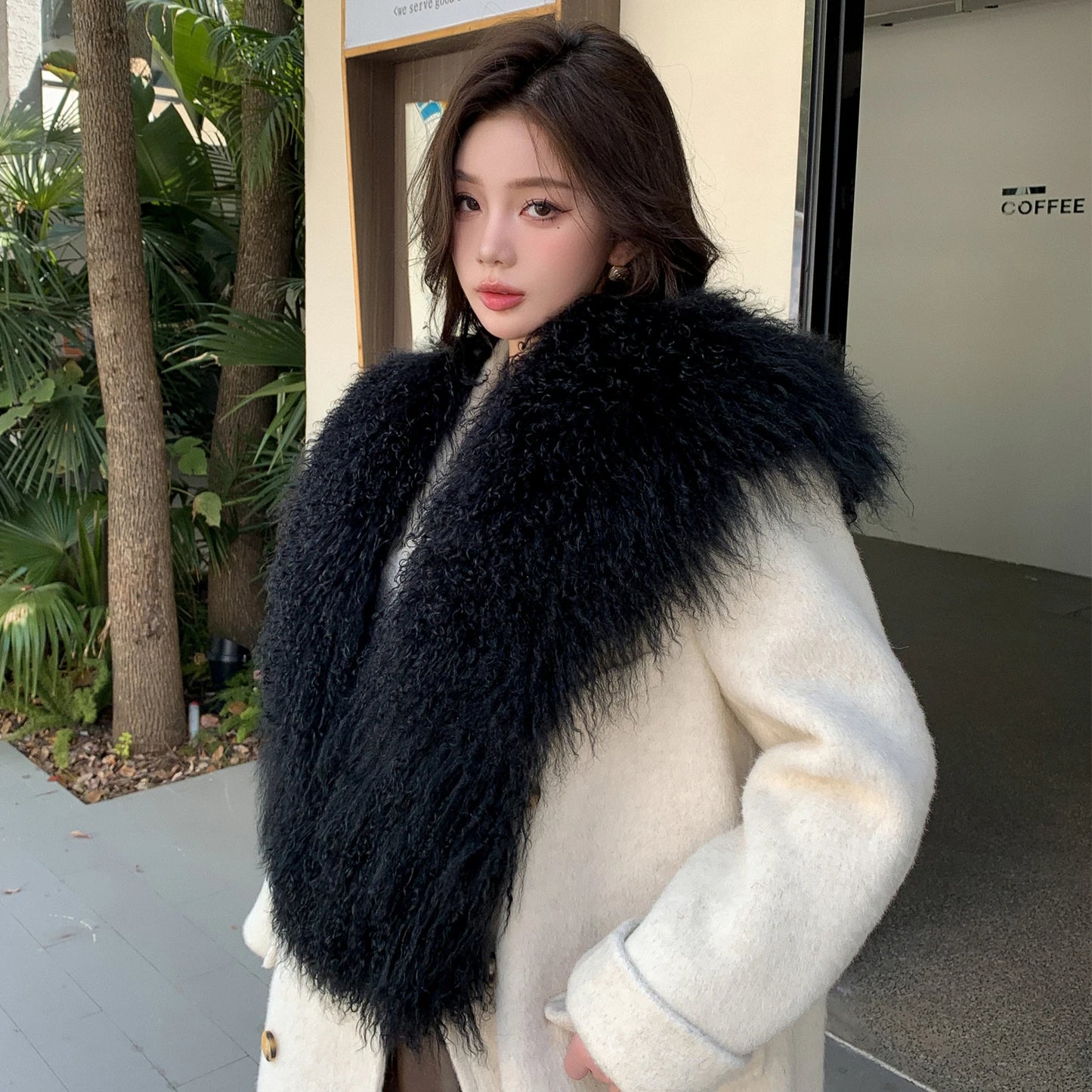 Real Mongolian Sheep Fur Shawl Real Fur Scarf Laarge Fluffy Thick Winter Scarves Woman Fashion Coat Collar Overcoat Accessories
