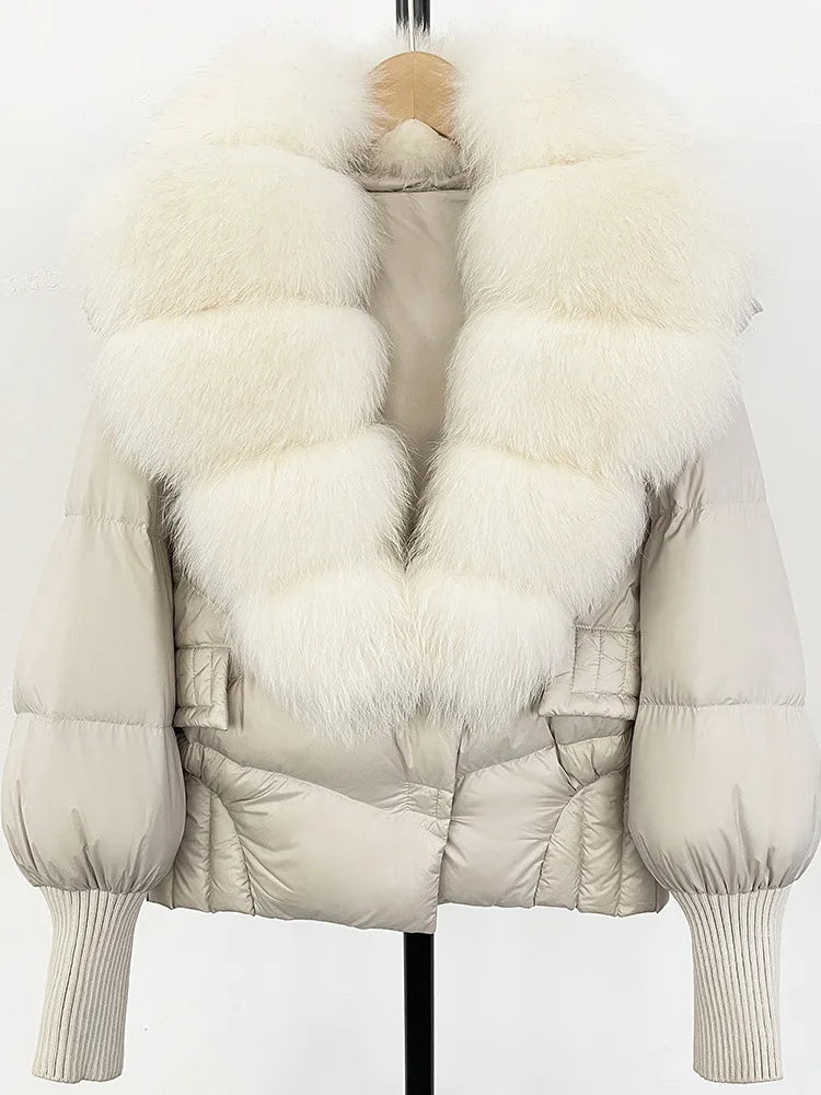 ZMEENNA Women's Black Puffer Down Jacket With Large Real Fur Collar Short Warm Winter Coat Knit Cuffs Elegant Outerwear