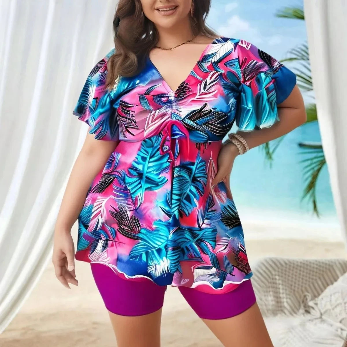Women's Plus Size Tankini Swimsuits Two Piece Bathing Suits Printed Short Sleeve Swim Tops And High Waist Shorts Swimwear